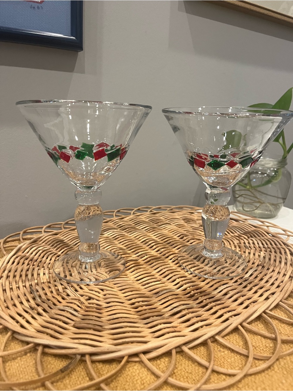 Clear Glass Cocktail Coupe with Red and Green Accent